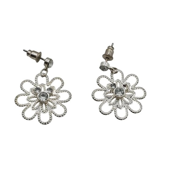 Women's Silver-Tone Dangle Drop Riveted Metal Rhinestone Center Floral Earrings - Picture 6 of 9
